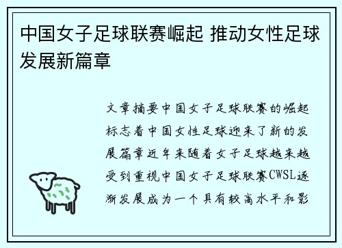 中国女子足球联赛崛起 推动女性足球发展新篇章