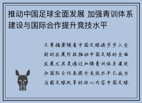 推动中国足球全面发展 加强青训体系建设与国际合作提升竞技水平
