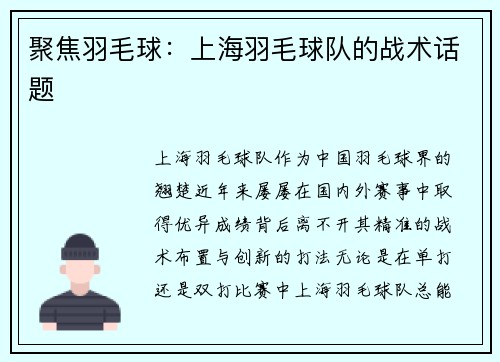 聚焦羽毛球：上海羽毛球队的战术话题