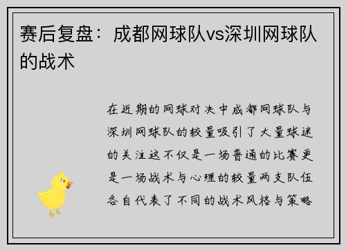 赛后复盘：成都网球队vs深圳网球队的战术