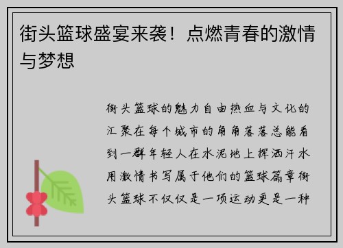 街头篮球盛宴来袭！点燃青春的激情与梦想