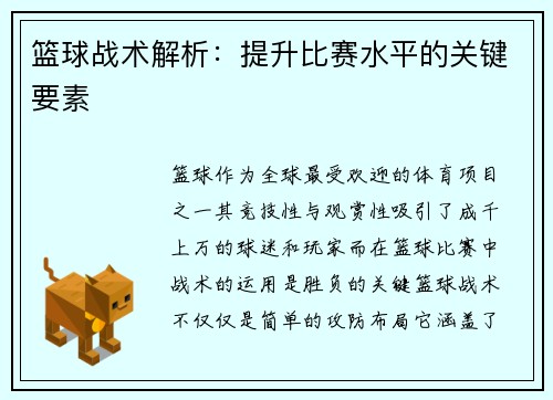 篮球战术解析：提升比赛水平的关键要素